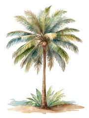 Watercolor tropical palm tree on white background.