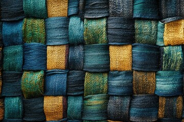 Intricate woven textile with a checkered pattern in shades of teal, blue, and gold.