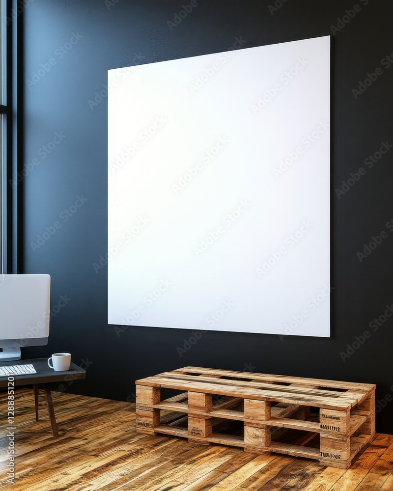 Poster modern minimalist workspace with a large blank canvas, wooden pallet bench, and desktop computer. da