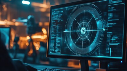A computer screen displays a targeting reticle with holographic effects, symbolizing AI-powered precision and digital analytics