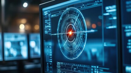 A computer screen displays a targeting reticle with holographic effects, symbolizing AI-powered precision and digital analytics