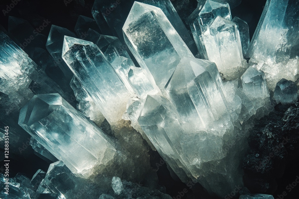 Poster A cluster of large, translucent quartz crystals gleaming in a dark cave, showcasing their intricate geometric formations.