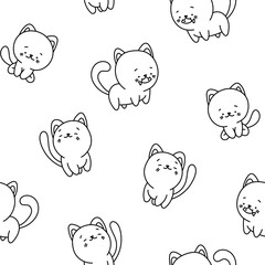 Cute cat character. Seamless pattern. Coloring Page. Kawaii cartoon kitten. Vector drawing. Design ornaments.