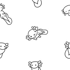 Cute axolotl character. Seamless pattern. Coloring Page. Kawaii ambystoma amphibian different poses. Vector drawing. Design ornaments.