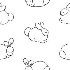 Cute rabbit character. Seamless pattern. Coloring Page. Kawaii cartoon hare. Vector drawing. Design ornaments.