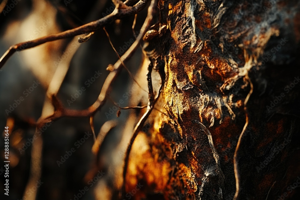Leinwandbilder close-up of sunlit tree bark with intricate textures and intertwining branches.