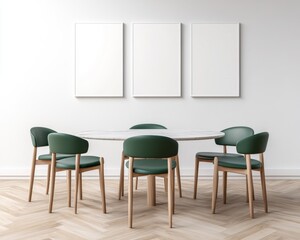 Modern dining room interior with round marble table and six green upholstered chairs, three blank canvases on white wall, light wood floor