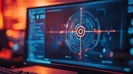 A computer screen displays a targeting reticle with holographic effects, symbolizing AI-powered precision and digital analytics