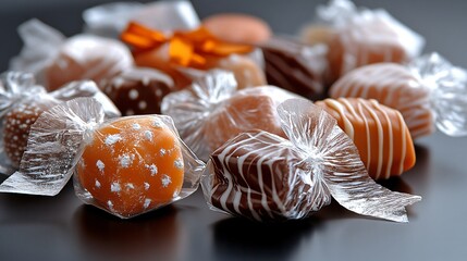 Assorted Gourmet Candies Wrapped in Clear Plastic with Decorative Elements on a Dark Surface