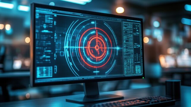 A computer screen displays a targeting reticle with holographic effects, symbolizing AI-powered precision and digital analytics