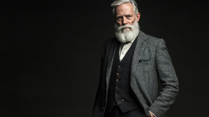 Obraz premium Stylishly dressed older man with a beard in a textured suit against a dark background.