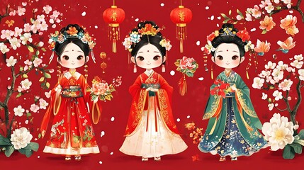 Chinese Girls in Traditional Dress, Spring Festival