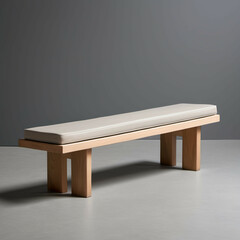 Flat Cushion Bench: A low wooden bench with a single neutral-toned flat cushion for seating.