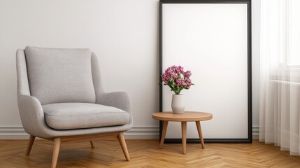 Modern living room interior design with a gray and white patterned armchair, a small wooden side table with pink flowers, and a large blank frame