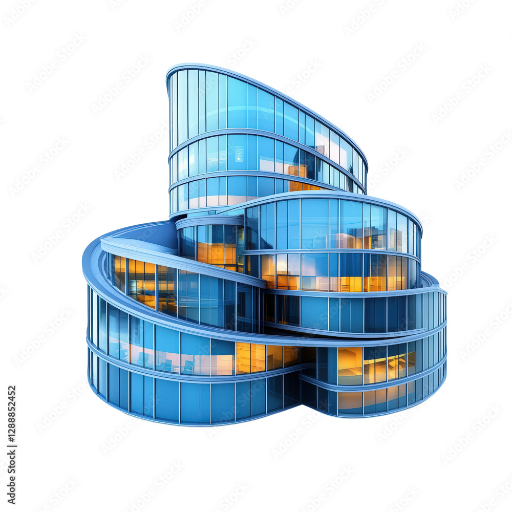 Poster blue building with a spiral design featuring modern architecture and unique structural elements isol