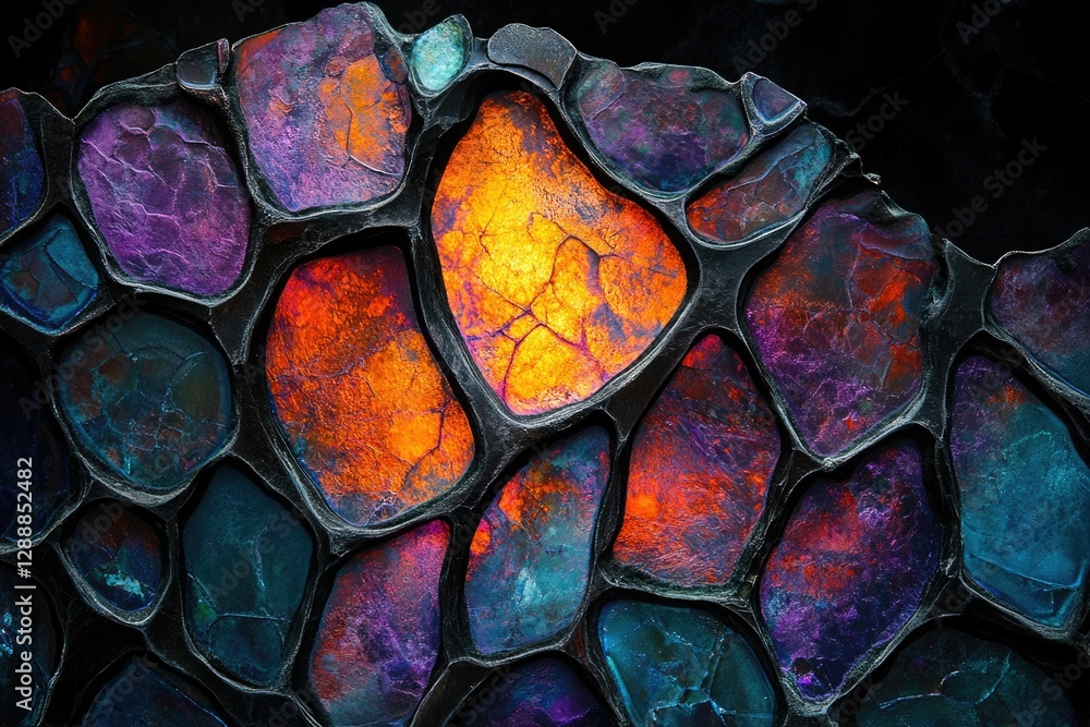 Poster intricate mosaic of vibrant, multicolored, irregular-shaped stones, creating a visually stunning pat