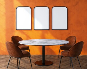 Modern dining room interior with orange wall, round marble table, brown velvet chairs, and three blank frames. Sunlight streams through window