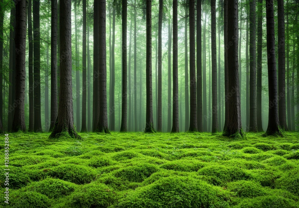 Poster lush green moss carpet under tall dark trees in a misty forest. soft light filters through the dense