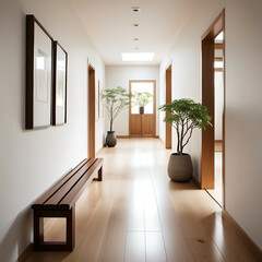Serene Zen-Inspired Hallway: A long, uncluttered hallway with a single wooden bench and a narrow indoor plant.
