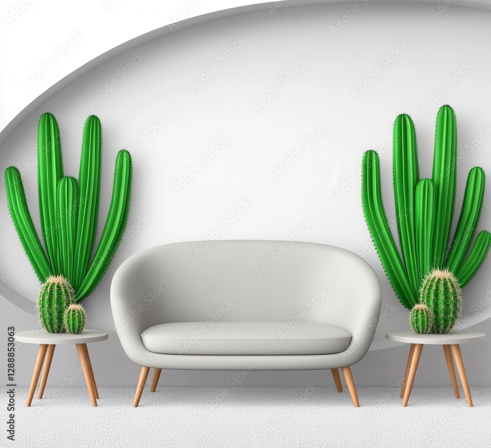 Poster light grey sofa in a minimalist room with two large green cacti and small cacti on side tables. whit
