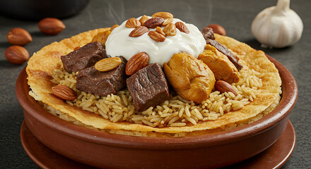 Fototapeta premium Authentic Arabic Meat Fatteh Served in a Clay Plate with Rice and Yogurt