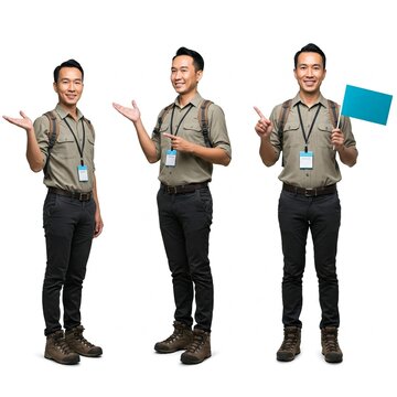 Photograph of Tour Guide with Name Tag in Various Poses Holding a Blue Flag