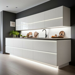 Floating Kitchen Cabinets: A sleek kitchen with handleless, floating white cabinets and soft LED underlighting.