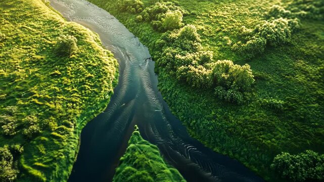 Aerial view of a winding river through lush green fields and trees.