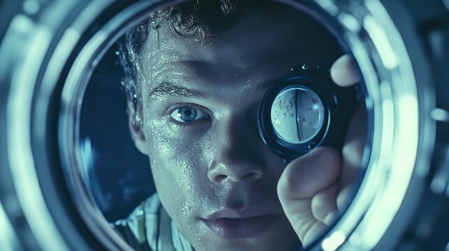 Sweaty person peers through circular portal, inspecting something.