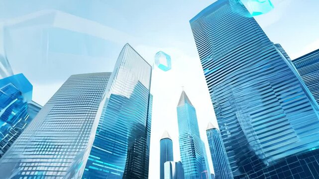 A dynamic futuristic cityscape with towering digital skyscrapers, enhanced by glowing data visualizations and high-tech digital interfaces.
