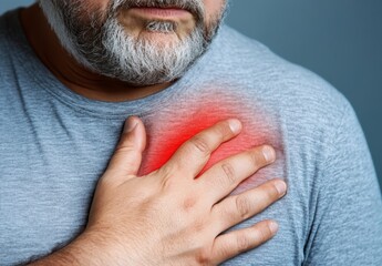 Fototapeta premium Close up of a man's chest experiencing discomfort, hand placed over the area of pain. The man is middle aged with a graying beard. The background is