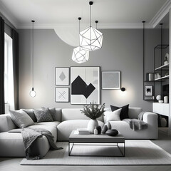 Monochrome Living Room: A white and gray living space with soft textures, geometric lighting, and modern furniture.