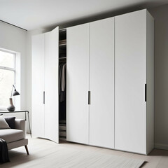 Minimalist Wardrobe with Hidden Handles: A floor-to-ceiling wardrobe with flush white panels and concealed handles.