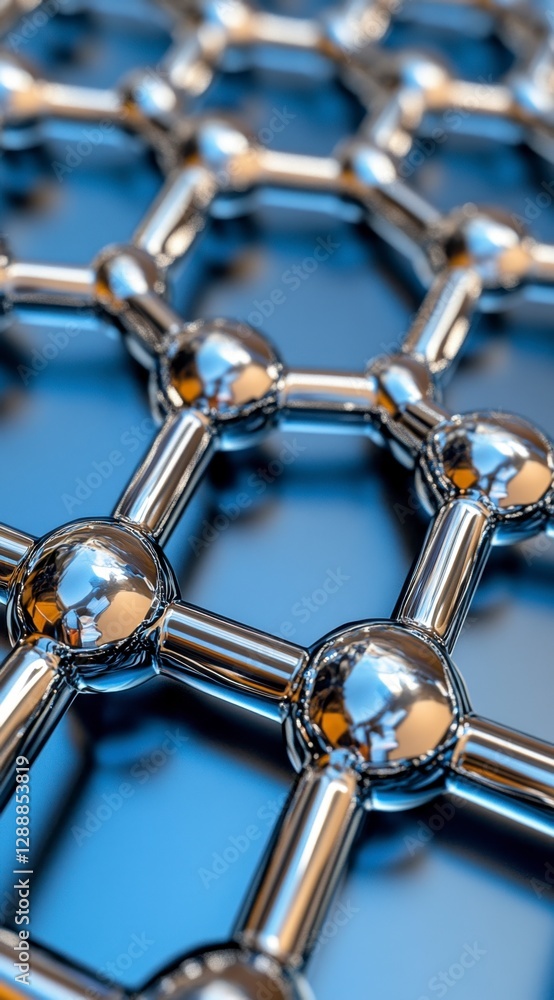 Poster close up view of a metallic, hexagonal lattice structure. shiny, chrome like spheres connect the lat
