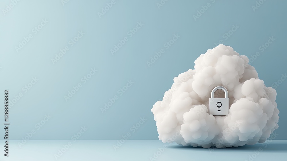 Poster cloud with a padlock represents digital security and data protection in online networks and advanced