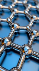 Close up view of a metallic, hexagonal lattice structure. Shiny, chrome like spheres connect the lattice's bars. Blue background
