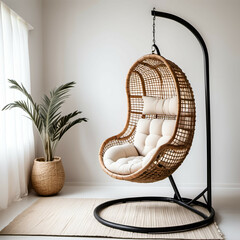 Hanging Rattan Chair: A suspended rattan egg chair with neutral fabric cushions, isolated on a white backdrop.