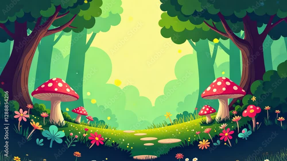 Poster A forest scene with a path and three red mushrooms. The mushrooms are in the foreground and the path is in the background