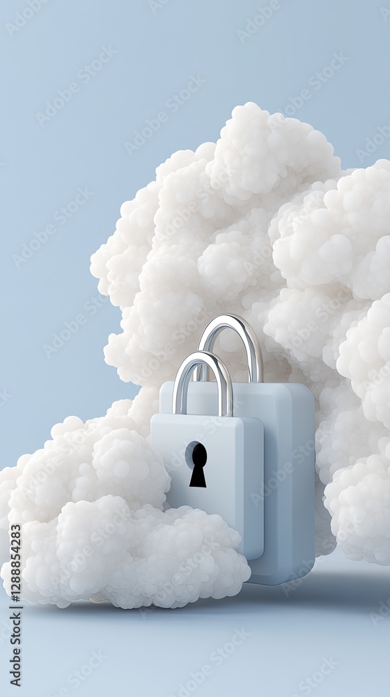 Poster cloud with a padlock represents digital security and data protection in online networks and advanced