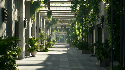 Obraz premium Sunlit Modern Urban Pathway with Lush Greenery and Concrete Architecture