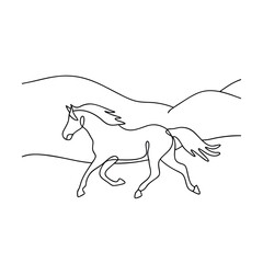 SingleLine Drawing of a Horse Galloping Across Rolling Hills