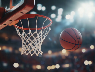 Fototapeta premium A basketball hitting the backboard and dropping through the hoop