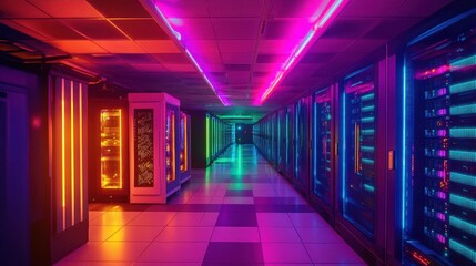A data center with bright, neon-like lights illuminating rows of servers and high-tech network equipment, creating a dynamic, futuristic atmosphere.