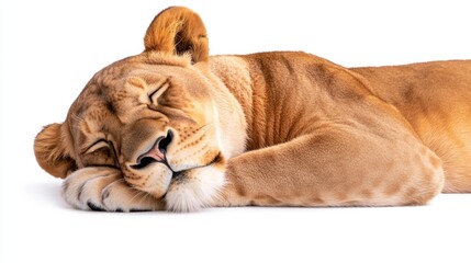 Obraz premium A tawny lioness lies peacefully asleep on a white background, her eyes closed and paws tucked neatly beneath her head. The image is bright and clean