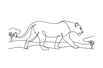 Continuous Line Drawing of a Lioness in Savannah Landscape