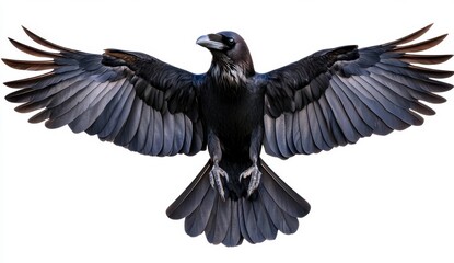 Fototapeta premium Black raven in flight, wings outstretched against a white background. Detailed view of feathers and talons. Majestic and powerful bird