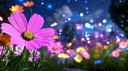 Obraz premium Close up view of a vibrant purple cosmos flower with water droplets, surrounded by a field of colorful wildflowers at night. Magical, dreamy