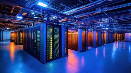 A futuristic data center filled with glowing lights, with racks of servers and advanced network equipment, creating a cutting-edge tech environment.