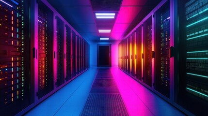 Fototapeta premium A futuristic data center illuminated with vivid colors, featuring rows of powerful servers and advanced network equipment.