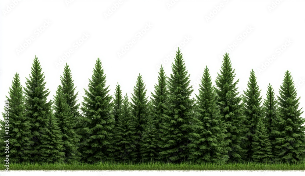 Poster lush green evergreen trees form a dense row against a stark white background. the image is a horizon